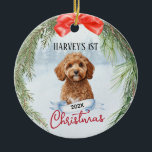 1st Christmas Wreath Cavoodle Cavapoo Cavadoodle Ceramic Ornament<br><div class="desc">Cute,  apricot golden cavapoo - doodle design with pine wreath frame for Christmas festive celebrations. You have the option of keeping the dog piccy or replacing with your own pet photo.  Add your pets name / year by editing the text template.  Makes a great present idea for dog lovers.</div>