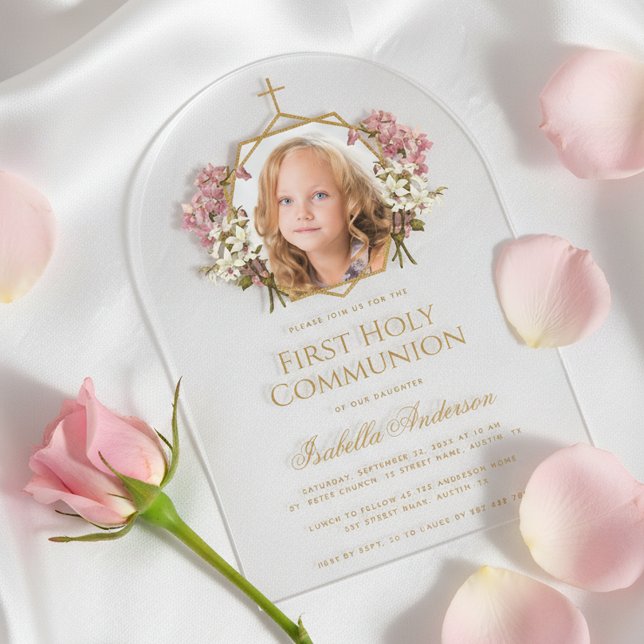 1st Communion Gold Girl Photo Floral Pink Elegant Acrylic Invitations (Creator Uploaded)