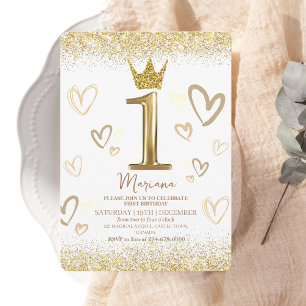  1st Crown  Golden glitter First Birthday Party Invitation