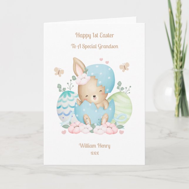 1st Easter Baby Boy Rabbit Grandson Card (Front)