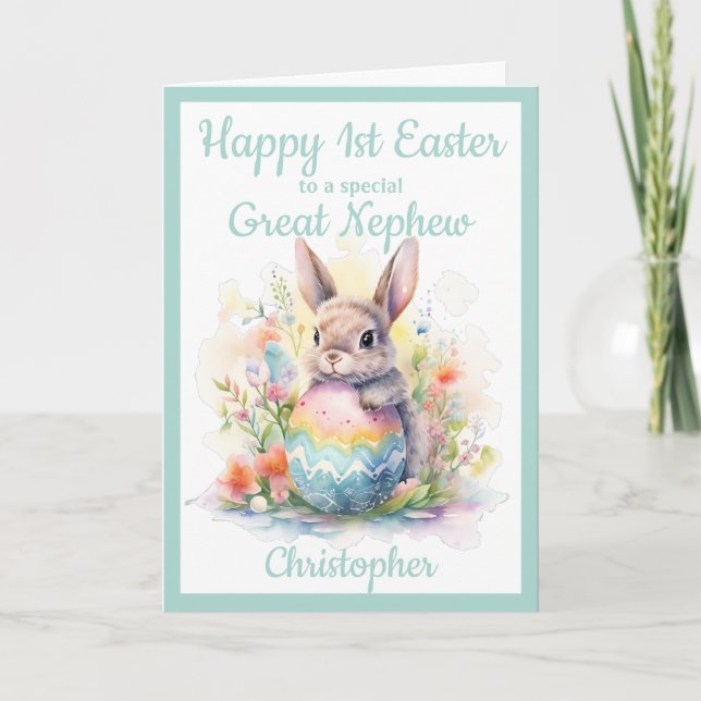 1st Easter Great Nephew Bunny Egg Blue  Holiday Card (Front)