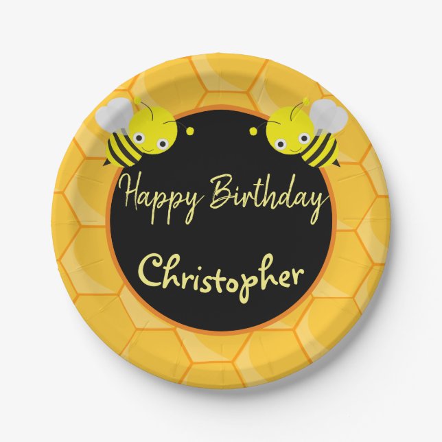 1st First Birthday Bee Day Name Paper Plate (Front)