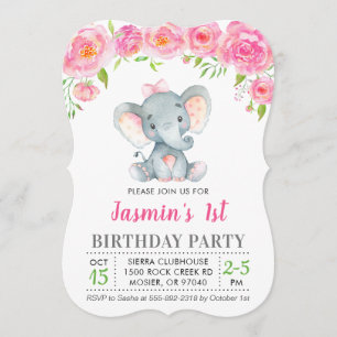 1st First Birthday Girl Floral Pink Elephant Party Invitation
