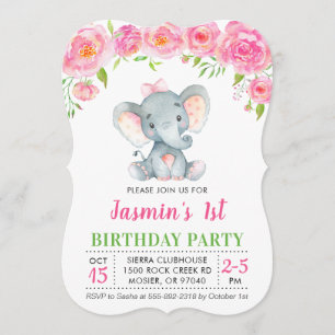 1st First Birthday Girl Floral Pink Elephant Party Invitation
