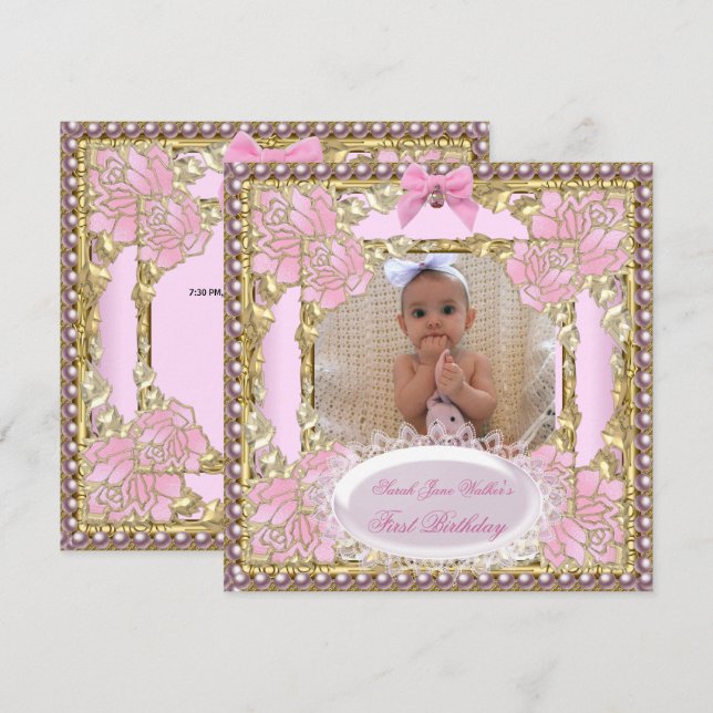 1st First Birthday Girl Pink White Gold Photo Invitation (Front/Back)