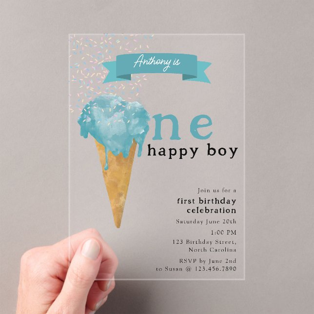 1st First Birthday One Happy Boy Blue Ice Cream Acrylic Invitations (Insitu (Handheld))