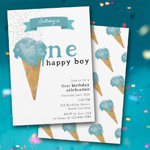 1st First Birthday One Happy Boy Blue Ice Cream Invitation