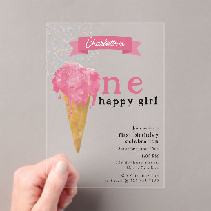 1st First Birthday One Happy Girl Pink Ice Cream Acrylic Invitations