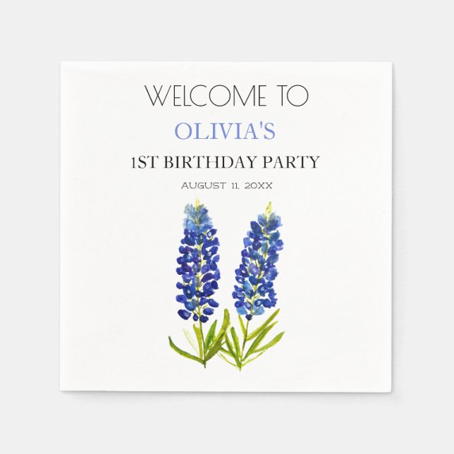 1st First Birthday Party Bluebonnets Baby Girl Napkin (Front)