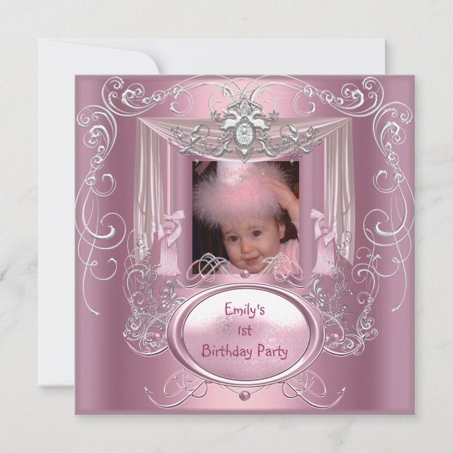 1st First Birthday Party Girl Pink Silver Star Invitation (Front)