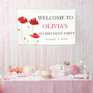 1st First Birthday Party Poppies Baby Girl Banner