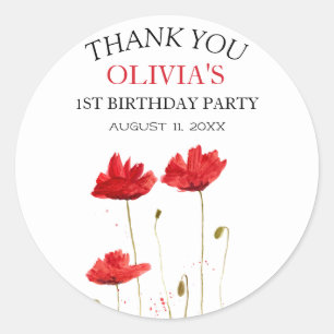 1st First Birthday Party Poppies Baby Girl Classic Round Sticker