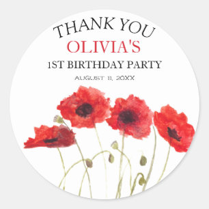 1st First Birthday Party Poppies Baby Girl Classic Round Sticker