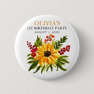 1st First Birthday Party Sunflower Baby Girl 6 Cm Round Badge