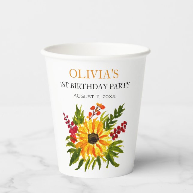 1st First Birthday Party Sunflower Baby Girl Paper Cups (Front)