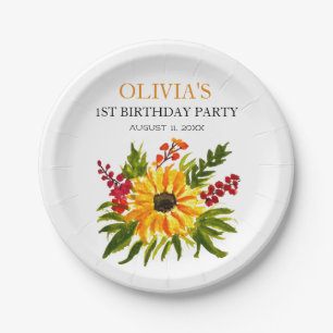 1st First Birthday Party Sunflower Baby Girl Paper Plate