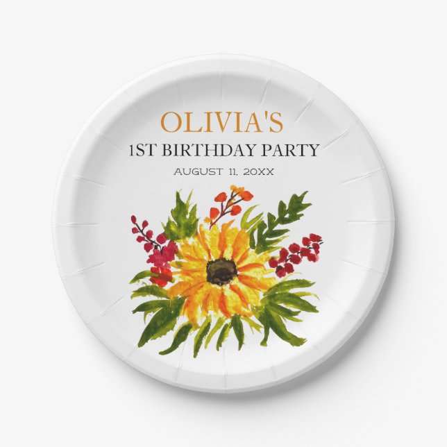 1st First Birthday Party Sunflower Baby Girl Paper Plate (Front)