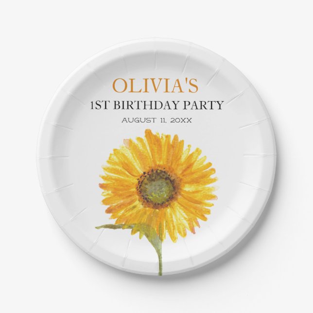 1st First Birthday Party Sunflower Baby Girl Paper Plate (Front)