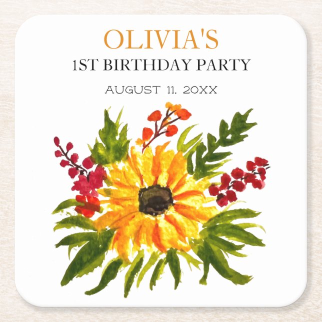 1st First Birthday Party Sunflower Baby Girl Square Paper Coaster (Front)