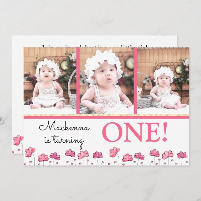 1st First Birthday Pink Gold Floral Photo Collage  Invitation (Front/Back)