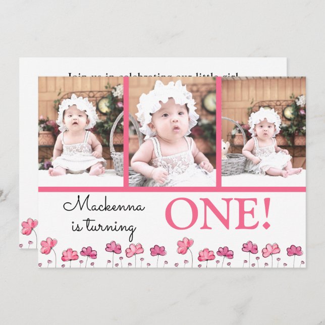 1st First Birthday Pink Watercolor Photo Collage Invitation (Front/Back)