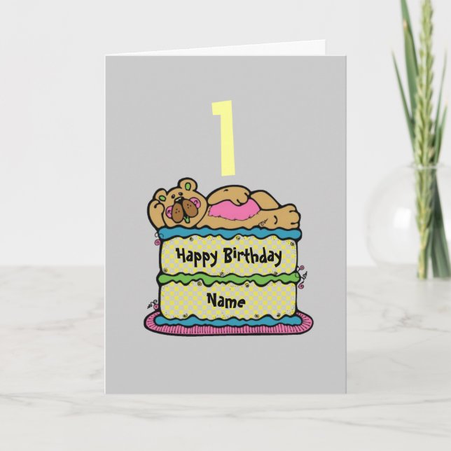 1st First Birthday teddybear cake personalized Card (Front)