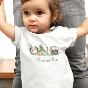 1st First One Birthday Woodland Animals Name Baby T-Shirt