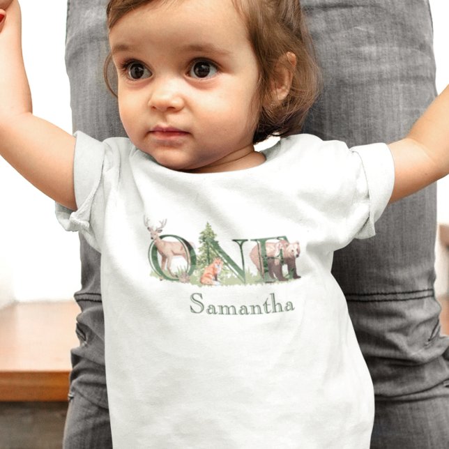 1st First One Birthday Woodland Animals Name Baby T-Shirt (Creator Uploaded)