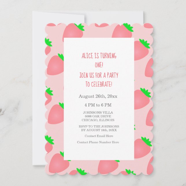 1st First Summer Birthday Strawberry Baby Girl  Invitation (Front)