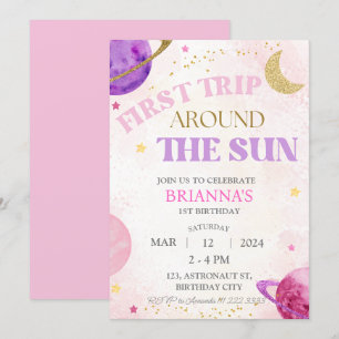 1st First Trip Around the Sun Girl Pink Birthday Invitation