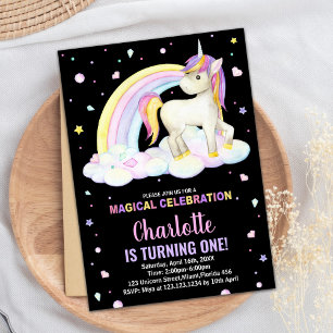 1st Floral Black Unicorn Birthday Invitations