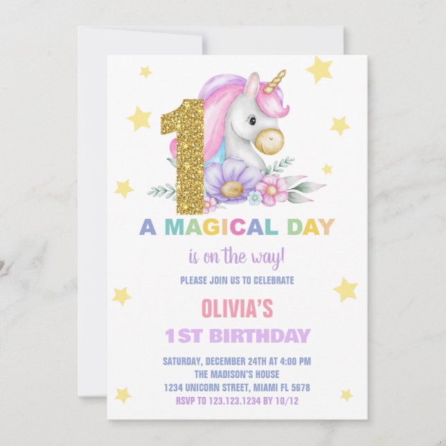 1st Floral Unicorn Birthday Invitations (Front)