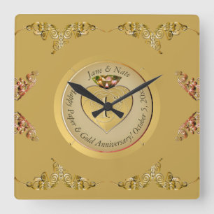 1st Gold Wedding Anniversary Square Wall Clock