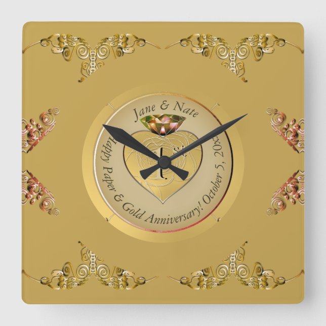 1st Gold Wedding Anniversary Square Wall Clock (Front)