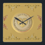1st Gold Wedding Anniversary Square Wall Clock<br><div class="desc">Alas, a delightful, classically designed wall clock to honour their 1st wedding anniversary with a heart emblem and medallion text, how special is that?! Golden ochre with ornate heart graphics, for a touch of the romantic. If you wish for any customisation or illustration made just for you, just message me...</div>