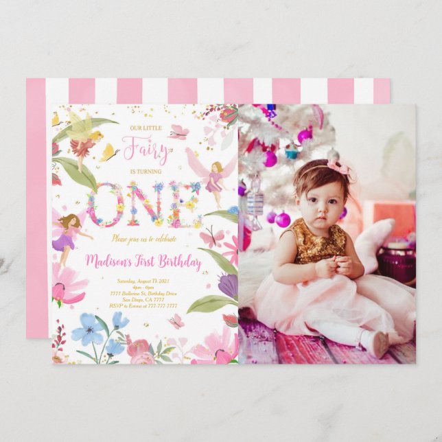 1st Golden Fairy Birthday Photo Invitation (Front/Back)