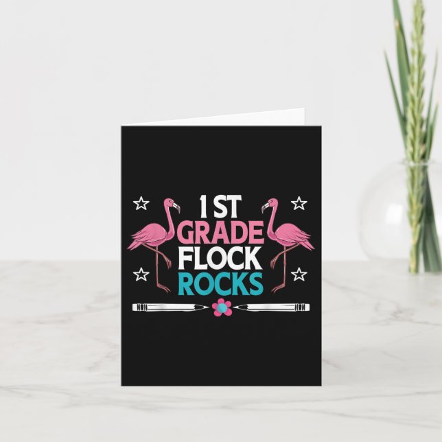 1st Grade Flock Rocks Flamingo Teacher Student Kid Card (Front)