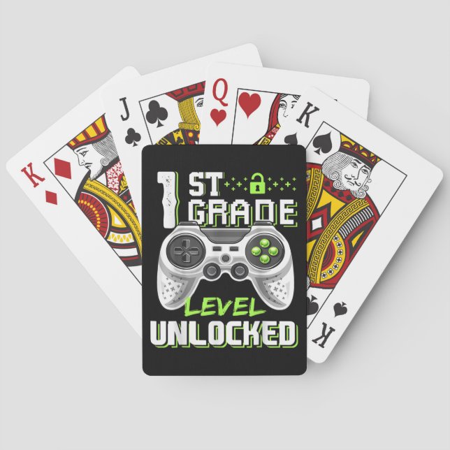 1st Grade Level Unlocked Gamer First Day Of School Playing Cards (Back)