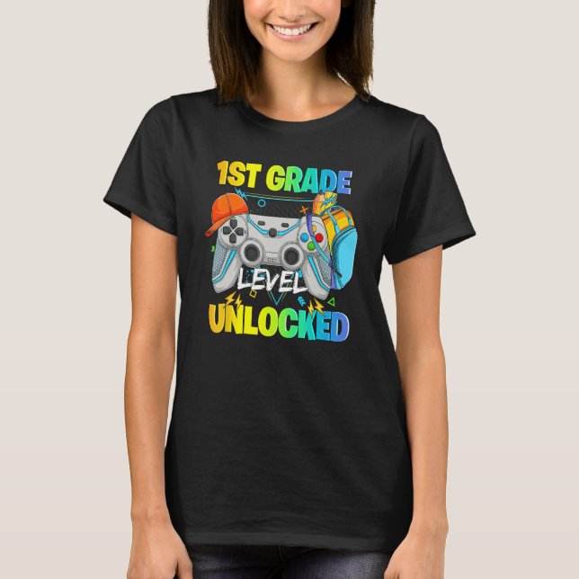 1st Grade Level Unlocked Video Gamers First Day Of T-Shirt (Front)