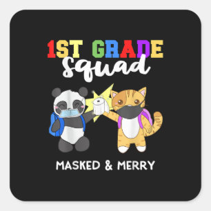 1st Grade Squad Quarantine Panda Kitty Funny Mask Square Sticker