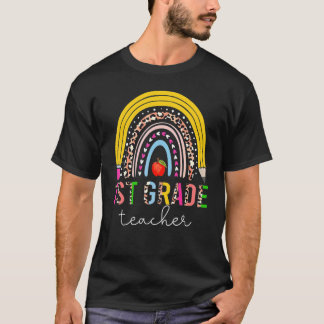 1st Grade Teacher Cute Rainbow Pencil Leopard Back T-Shirt