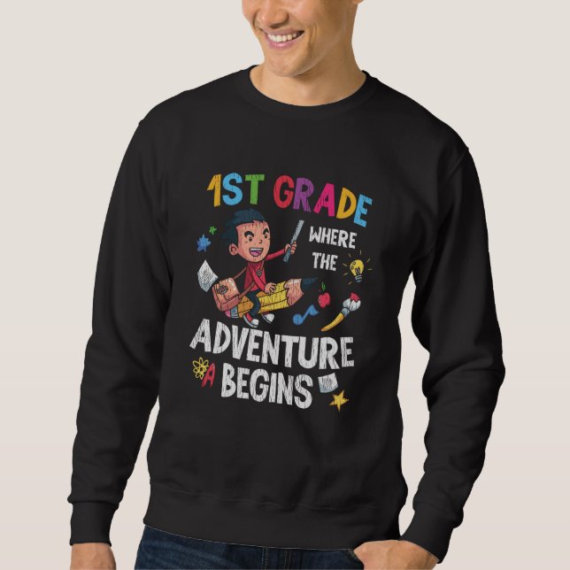 1st Grade Where Adventure Begins Back to School Sweatshirt (Front)