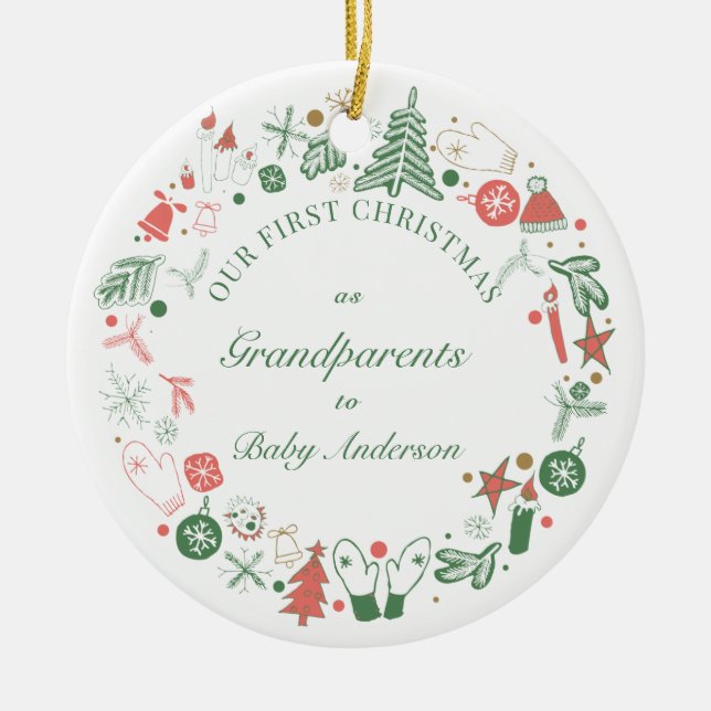 1st Grandparents Christmas Hat Tree Gloves Pattern Ceramic Ornament (Front)