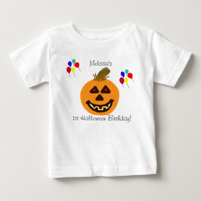 1st Halloween Birthday Pumpkin Balloons Name Baby T-Shirt (Front)