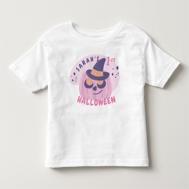 1st Halloween Cute Pink & Purple Pumpkin Hat Toddler T-Shirt (Front)