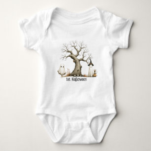 1st Halloween Cute Watercolor Ghosts Under Tree Baby Bodysuit