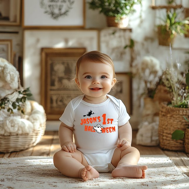 1st Halloween ghost orange typography witch Baby Bodysuit (Creator Uploaded)