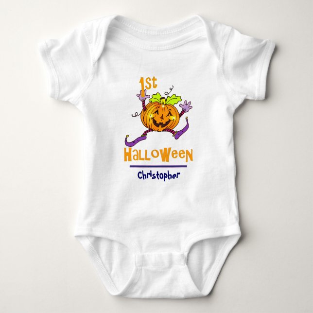 1st Halloween Happy Pumpkin Boy Custom Name Baby Bodysuit (Front)