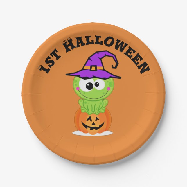 1st Halloween Little Witch Frog Paper Plate (Front)
