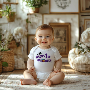 1st Halloween Pumpkin purple typography witch Baby Bodysuit